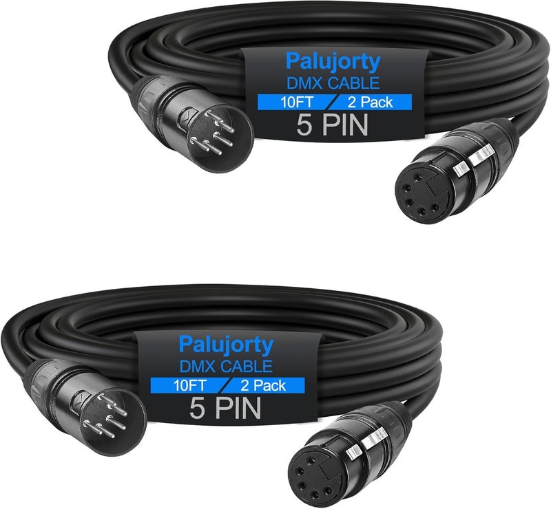 Palujorty كابل DMX 5 دبابيس بطول 10 قدم - عبوة من 2 مع 3 موصلات لإضاءة المسرح ووحدة التحكم - Image 1